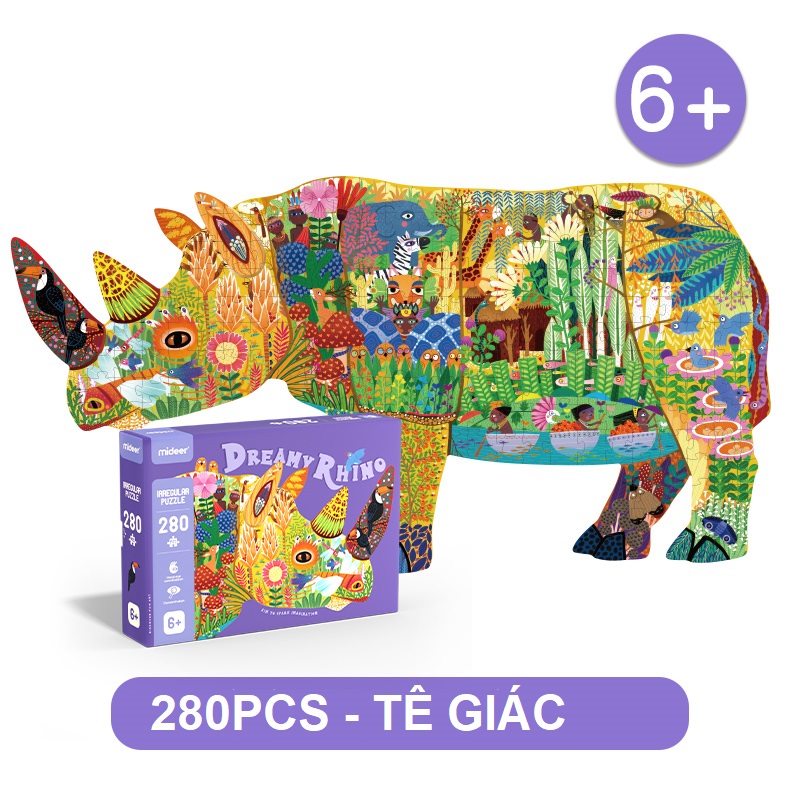 Bộ Tranh Xếp Hình Ghép Hình Puzzle Mideer 280 Mảnh Ghép 04 Chủ Đề - Thế Giới Khủng Long - Vỏ Sò Cá Heo - Voi Khổng Lồ Và Tê Giác - Tê Giác