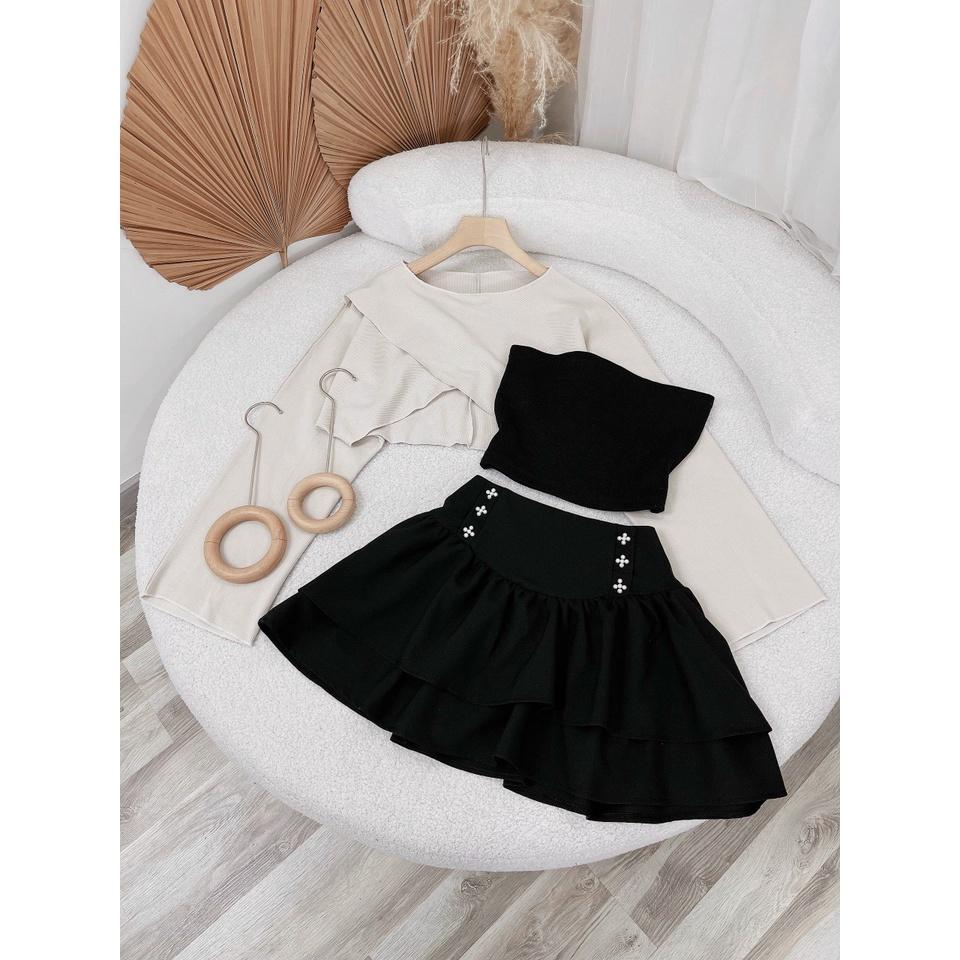 Sét 3 món áo đắp chéo kèm áo crop đen cúp ngực phối chân váy 2 tầng đính cườm