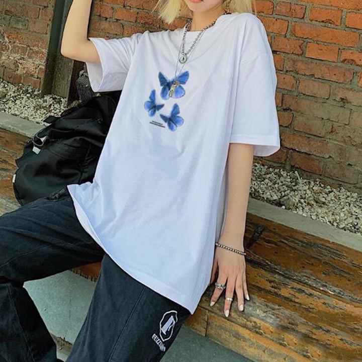 Áo Thun Nữ Unisex Tay Lỡ Màu Đen Hình Con Bướm Xanh ATN6149