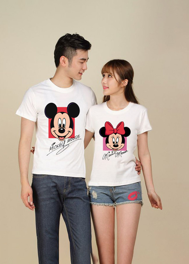 Bộ Áo Thun Đôi Mickey Mouse Màu Trắng Nam Nữ