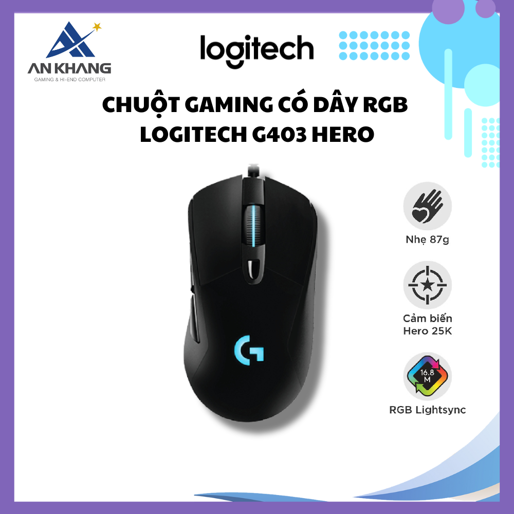 Chuột gaming có dây RGB Logitech G403 Hero màu đen (910-005634) - cảm biến 25k, công thái học, nhẹ 87g, 6 nút lập trình - Hàng Chính Hãng