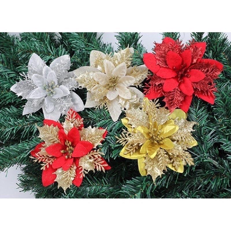 Tết Noel hoa trạng nguyên side to 15cm kim tuyến phối vải lụa trang trí Noel lẵng hoa quả tết