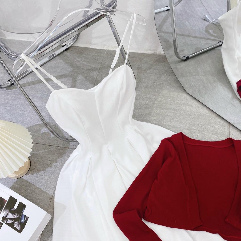 Set đầm midi 2 dây trắng xòe phồng kèm áo khoác croptop đỏ dài tay dự tiệc chơi noel du xuân đón tết Thảo xinh shop
