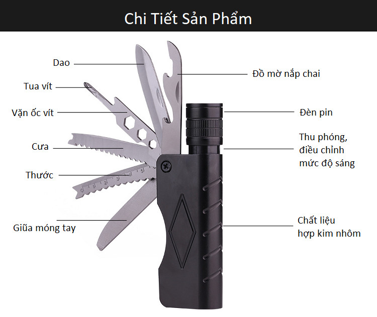 Đèn pin kiêm bộ dụng cụ đa năng gấp gọn 7 chi tiết trong 1 ( Tặng kèm quạt mini cắm cổng USB ngẫu nhiên )