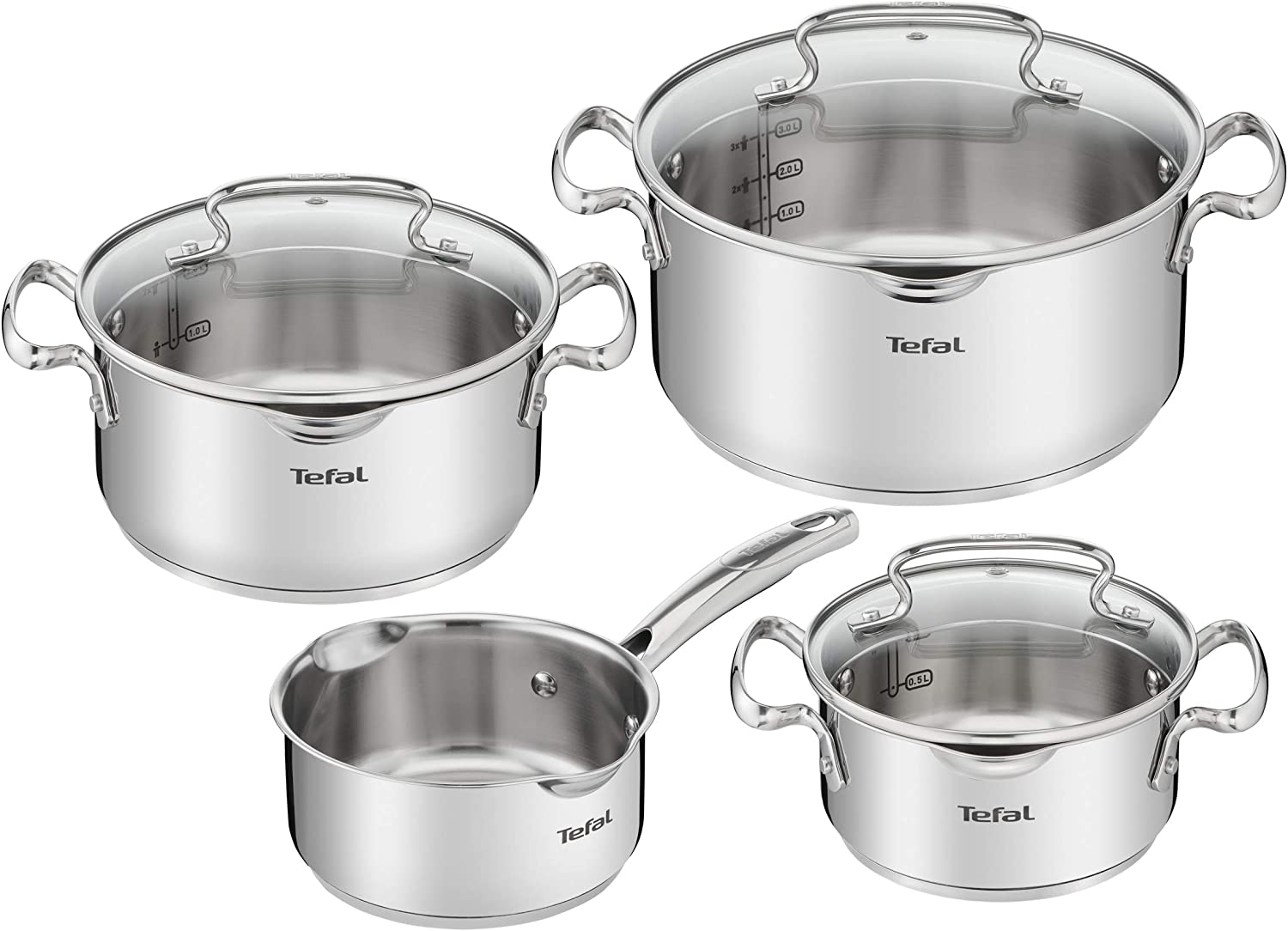 Bộ Nồi 4 Sets TEFAL G719S7 Có Vạch Chia, Gồm 7 Chi Tiết Nhập Khẩu Đức, Chất Liệu Thép Không Gỉ, Dùng Cho Mọi Loại Bếp, Bền Gấp 6 Lần Chảo Thường - Hàng Nhập Khẩu