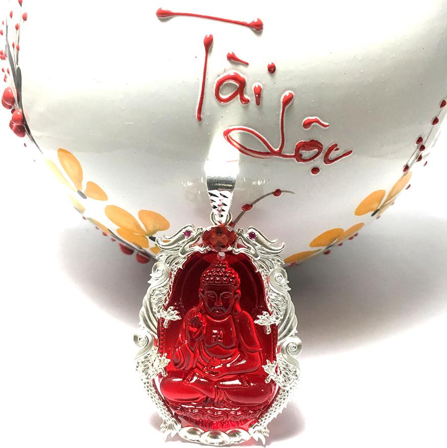 Mặt dây nam bản mệnh ngài ADIDA màu đỏ bọc rồng chầu bạc ta cao cấp cho người tuổi Tuất - Tuổi Hợi Bạc QTJ - MBM11