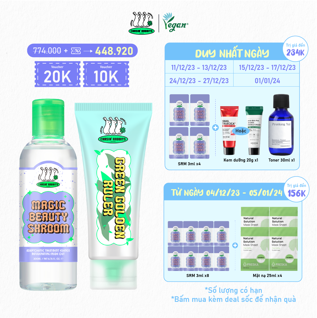 Combo làm dịu và tăng cường hàng rào bảo vệ da Chasin' Rabbits Magic Beauty Shroom 200ml + Green Golden Ruler 100ml