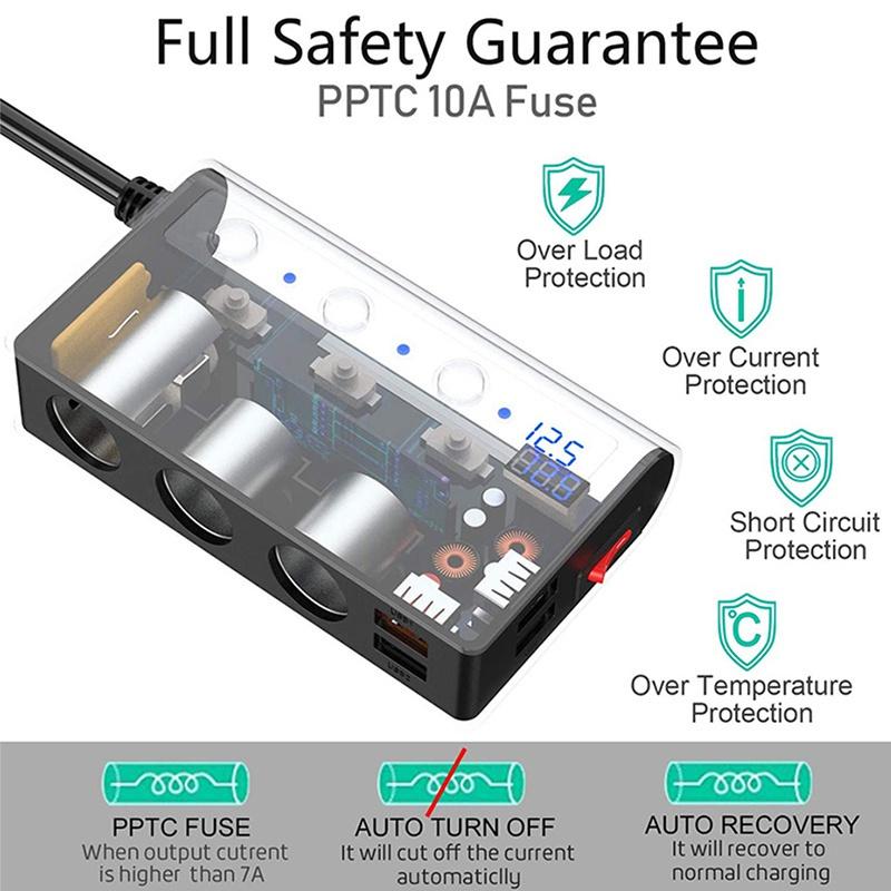 Bộ sạc ô tô đa chức năng 180W 12V Ổ cắm điện cho xe hơi Ổ cắm điện kép Cổng USB QC 3.0 sạc nhanh