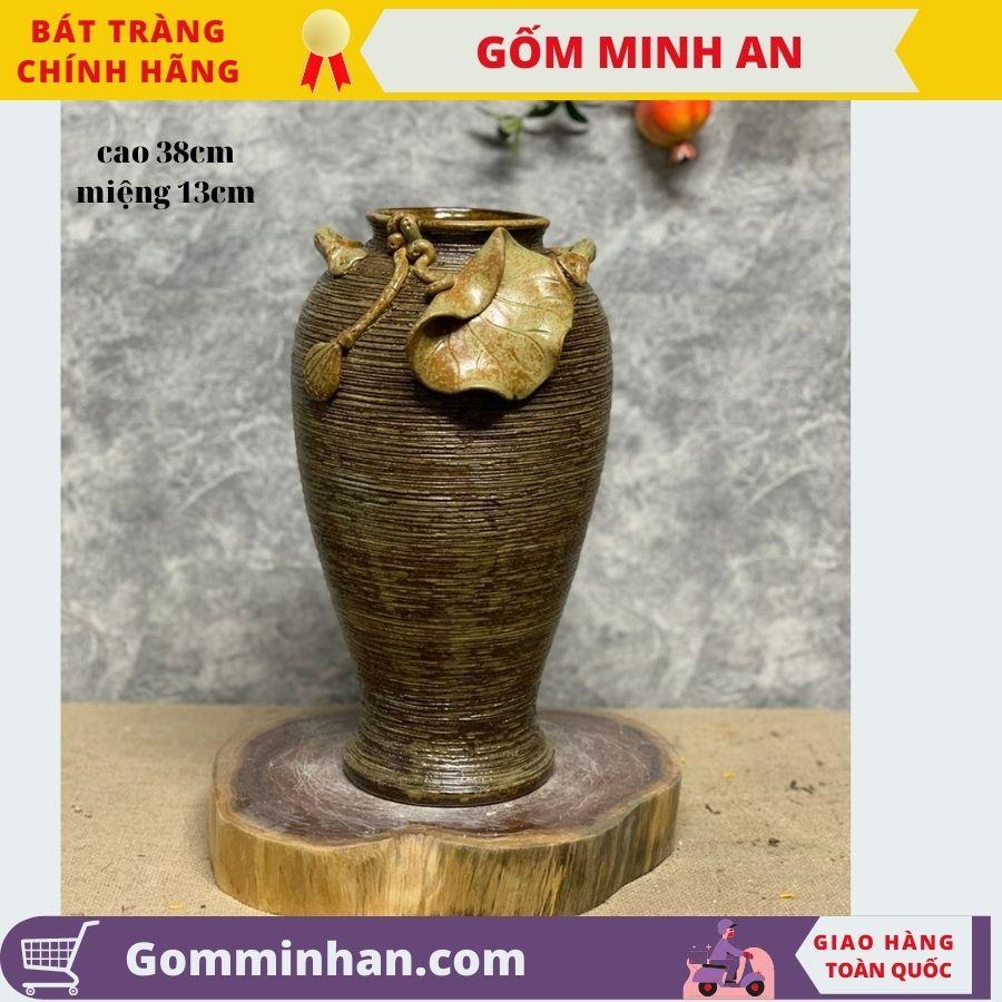 Bình Hoa Lọ Hoa Bát Tràng Men Mộc Dáng Cao Đùi Dế Đắp Sen- Gốm Sứ Bát Tràng- Gốm Minh An- Lọ Hoa Đẹp