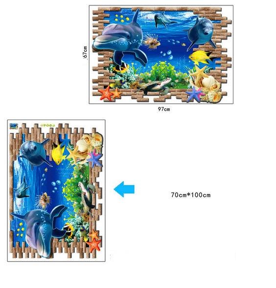 Decal dán tường thước đo hươu vàng và Cá heo 3D - HP400