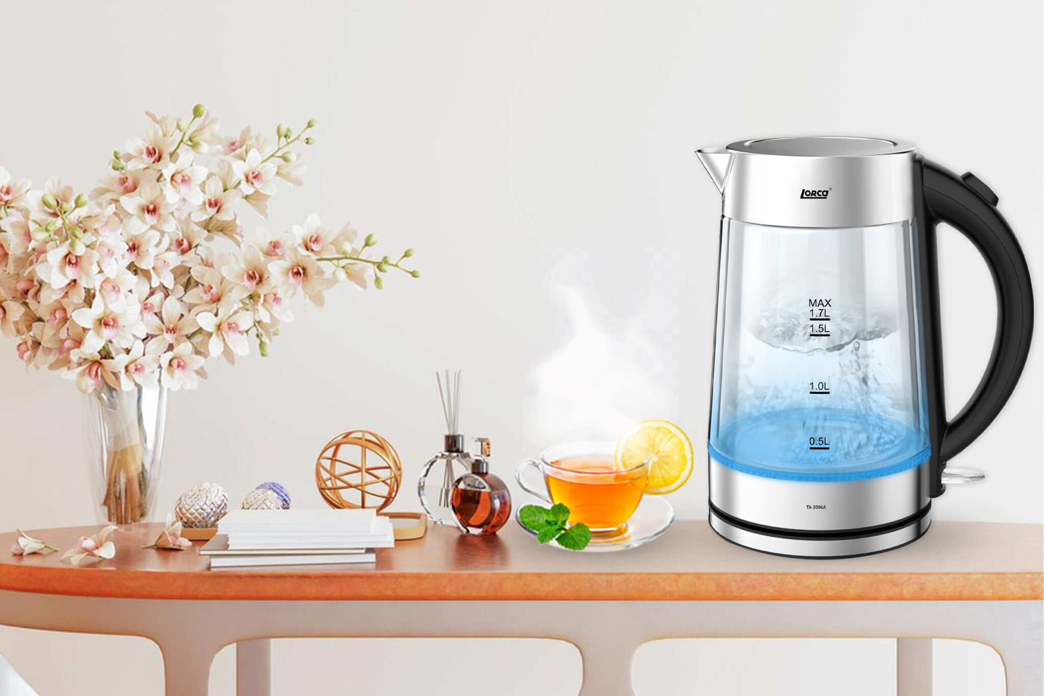 Ấm Đun Siêu Tốc 2 Lớp 1.7L Lorca TA 3006A Hàng Chính Hãng Ấm Đun Nước Thủy Tinh Inox Đun Nhanh, Công Suất Lớn 2200W