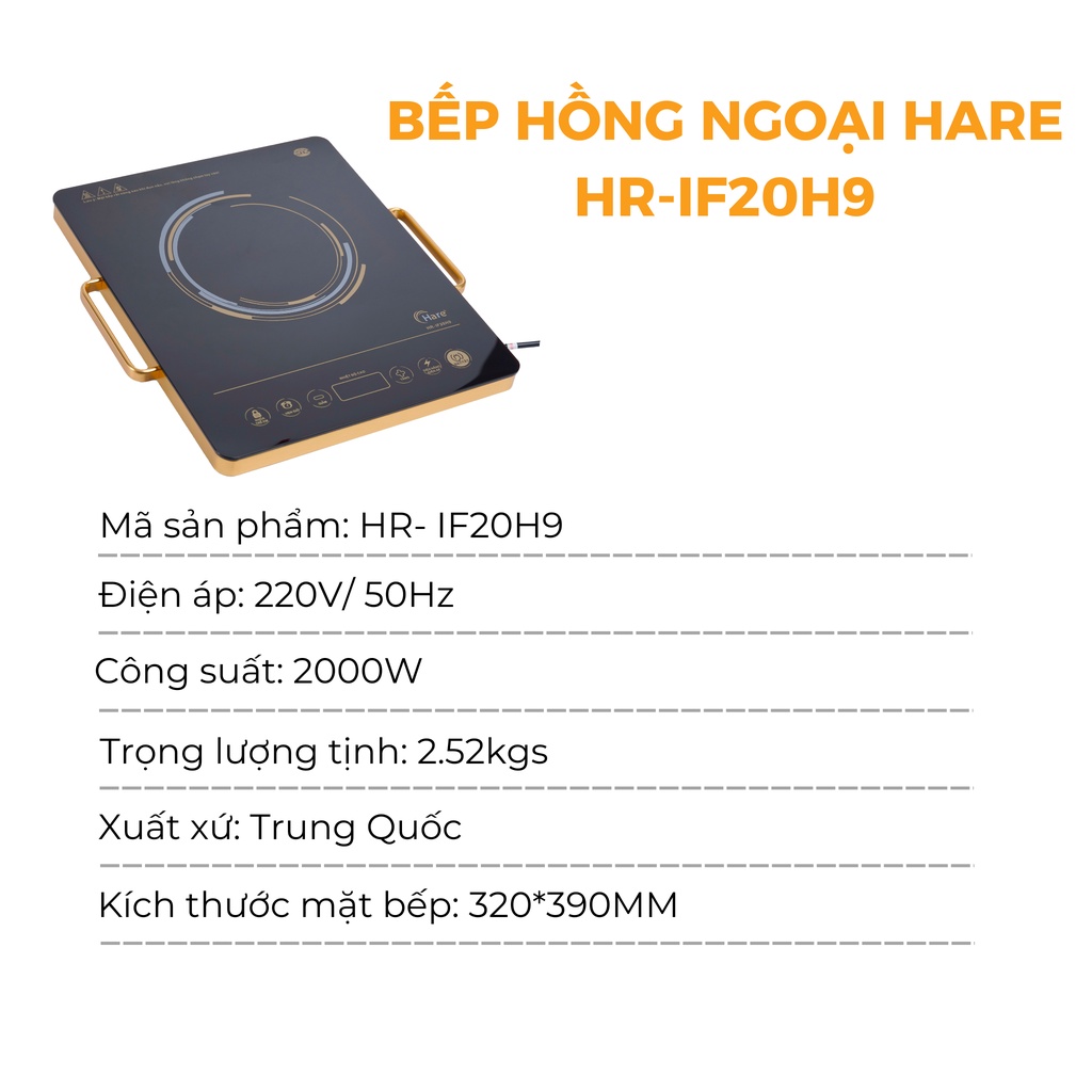 Bếp hồng ngoại công suất 2000W HR-IF20H9 -hàng chính hãng thương hiệu Hare - bảo hành 12 tháng