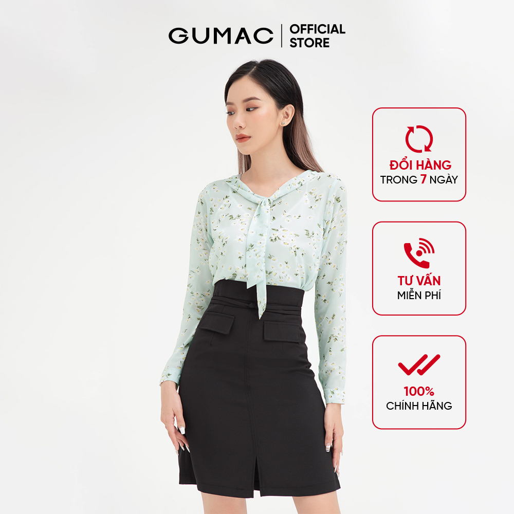 Áo kiểu nữ họa tiết hoa buộc nơ GUMAC màu xanh trẻ trung AB4102