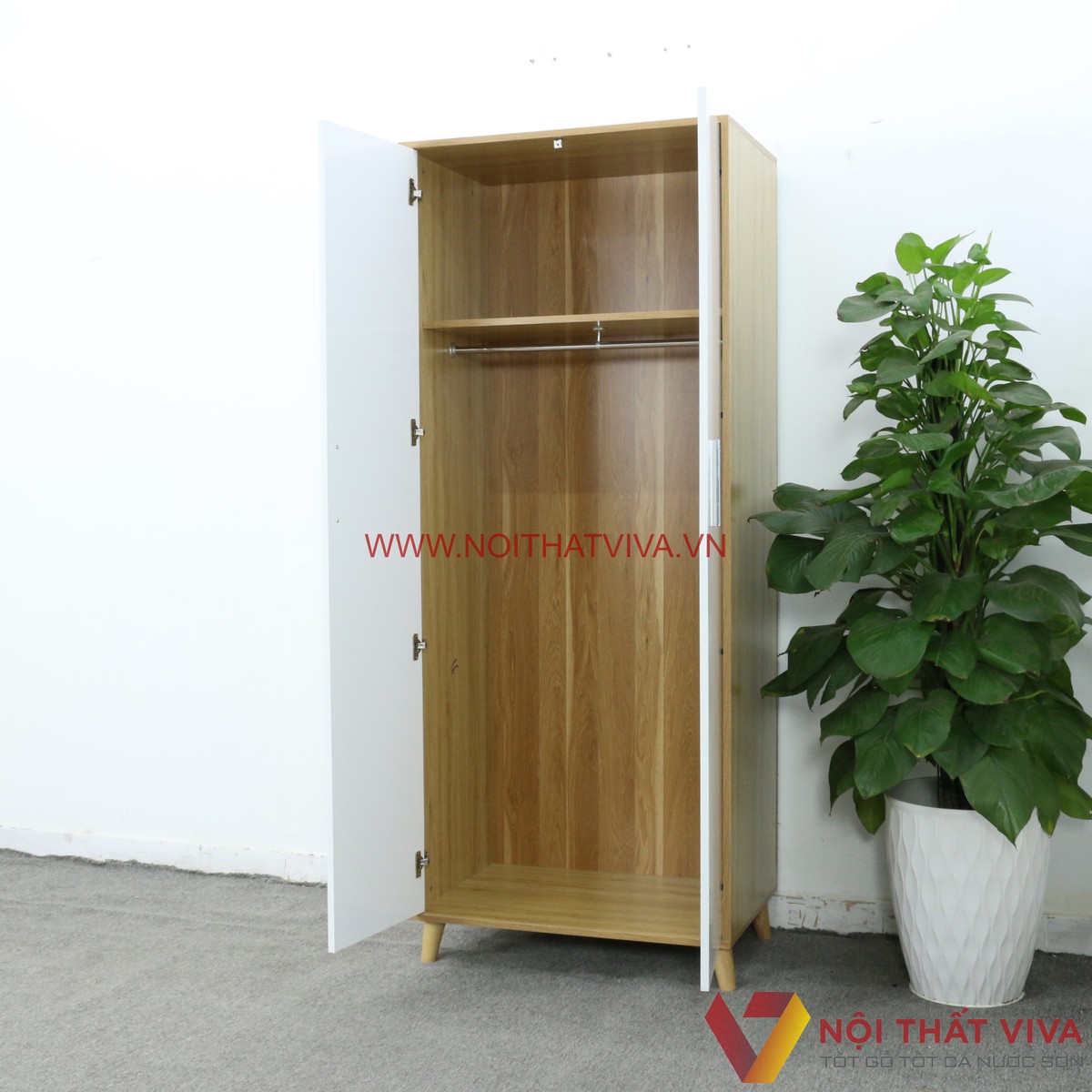 Tủ Quần Áo Có Chân Gỗ MDF Màu Vàng 2 Cánh Trắng Sơn 2K Đẹp Giá Rẻ