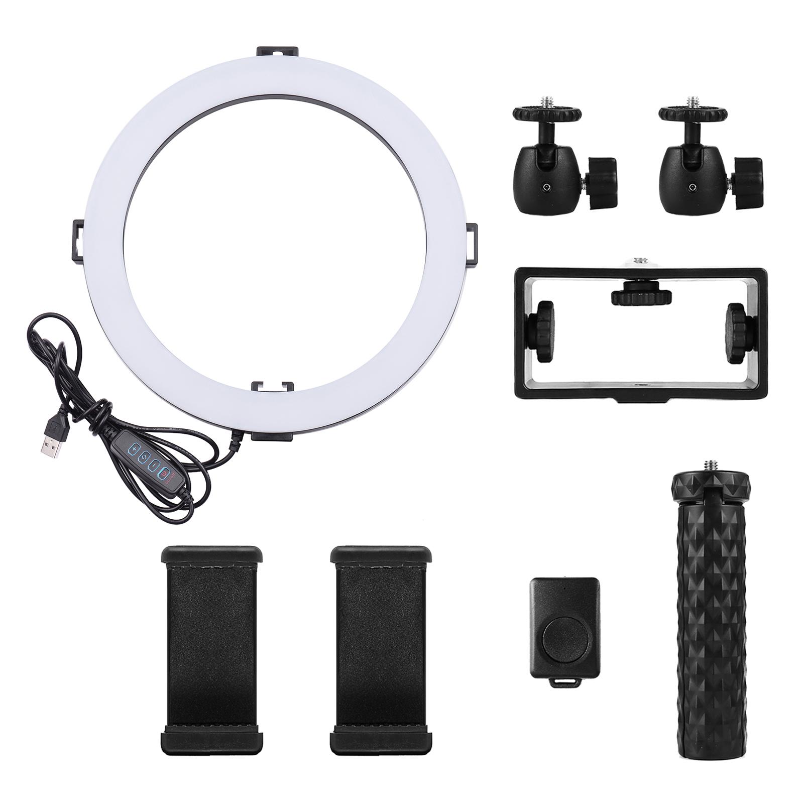 Bộ đèn LED vòng 10 inch / 26 cm 3 chế độ chiếu sáng 3000K-6500K USB có thể điều chỉnh độ sáng Được hỗ trợ với chân máy tính để bàn mini + Giá đỡ