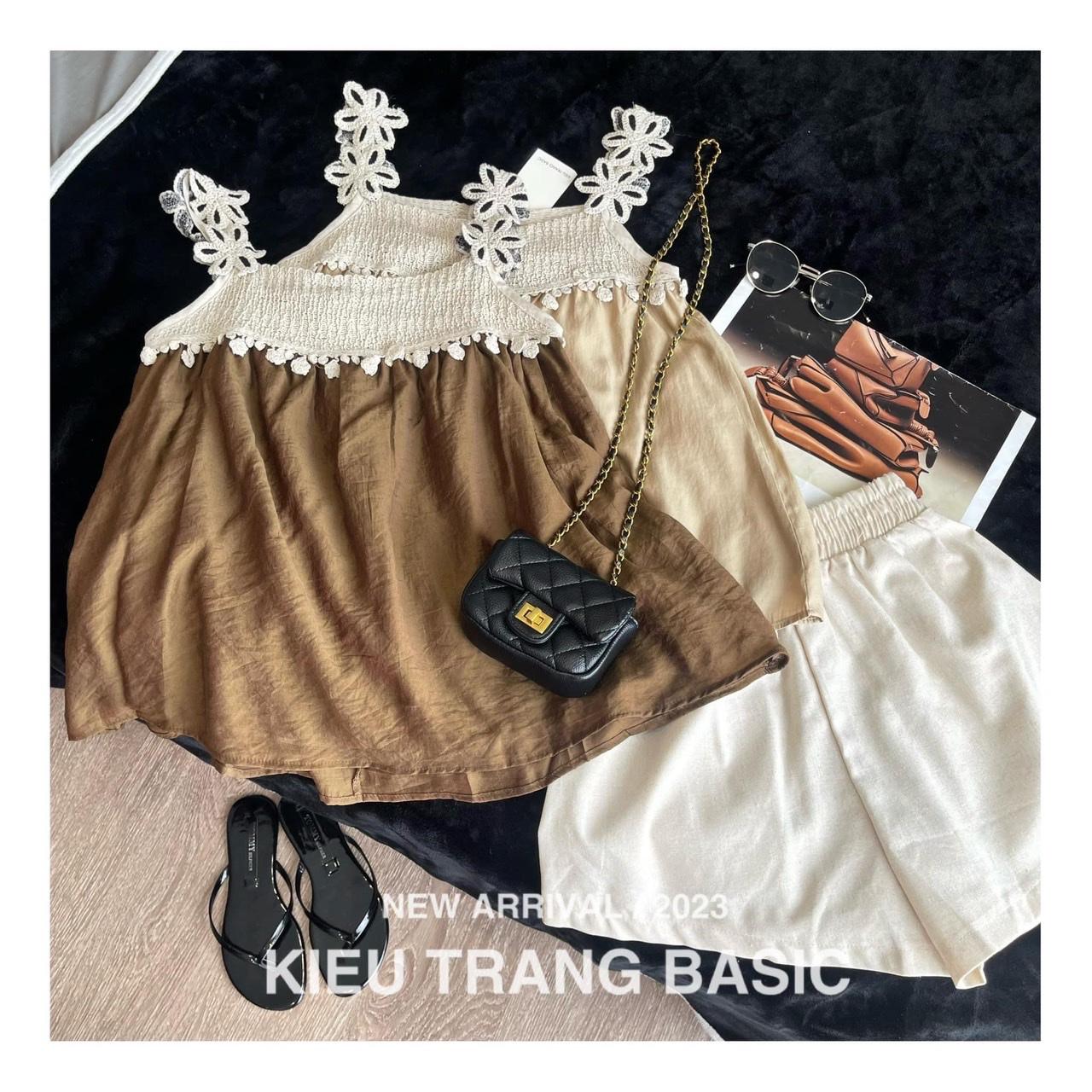 SET BỘ ĐI CHƠI, SET 2 MÓN ÁO BABYDOLL REN HOA 2S PHỐI QUẦN ĐÙI CỰC SANG - Brown