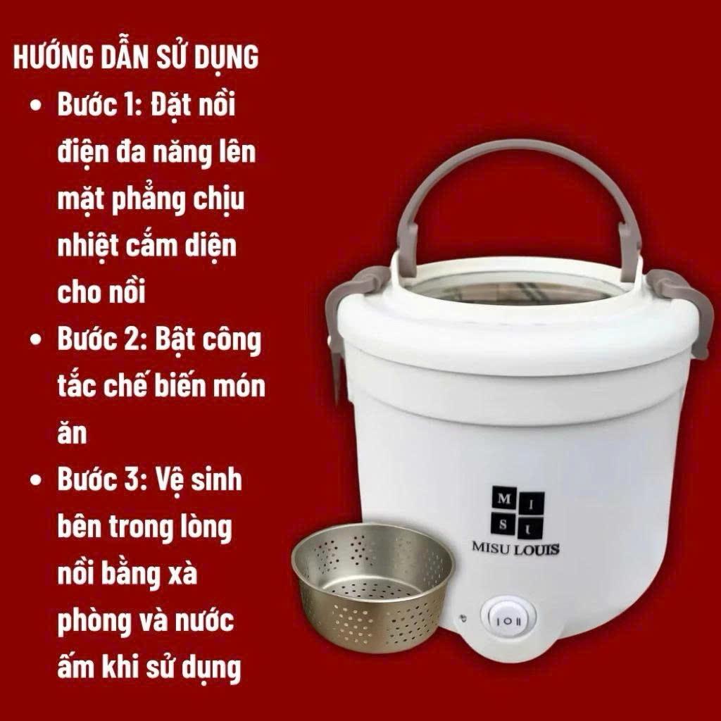 Nồi Lẩu Điện Đa Năng MISU LOUIS Kèm Giá Hấp Inox - Nồi Nấu Mini Chống Dính Cao Cấp Cho 1-2 Người Ăn