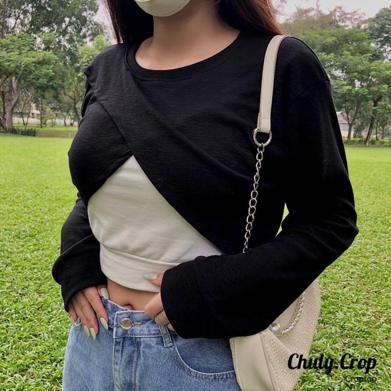 Set áo croptop tay dài kiểu xẻ kèm áo 2s trong