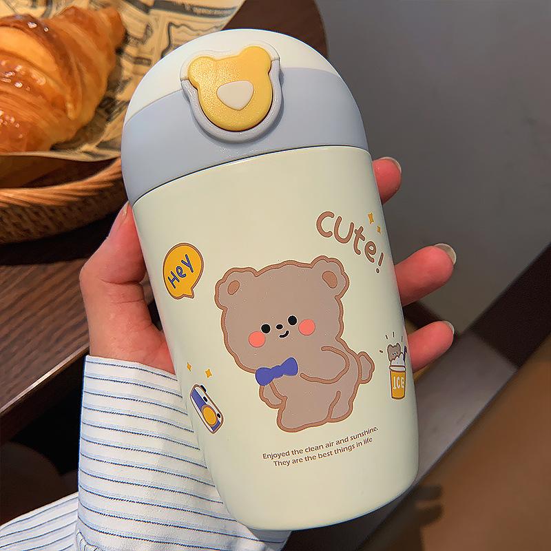 Ins Kawaii Gấu Nhiệt Chân Không Thép Không Gỉ Trẻ Em Ống Hút Nước Cho Trường Giữ Nhiệt Màu Bé Gái Dễ Thương Sippy Uống ly