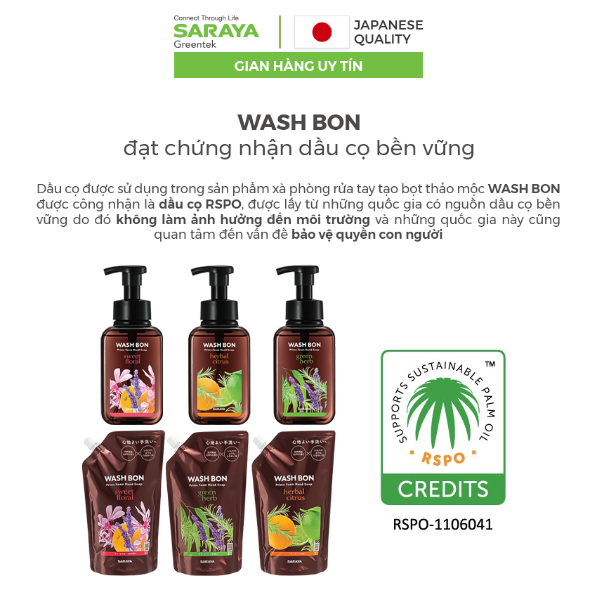 [TÚI CHÂM 500ml] Xà Phòng Rửa Tay Thảo Mộc Tạo Bọt WASH BON, Làm Sạch Và Dịu Nhẹ Với Da Tay