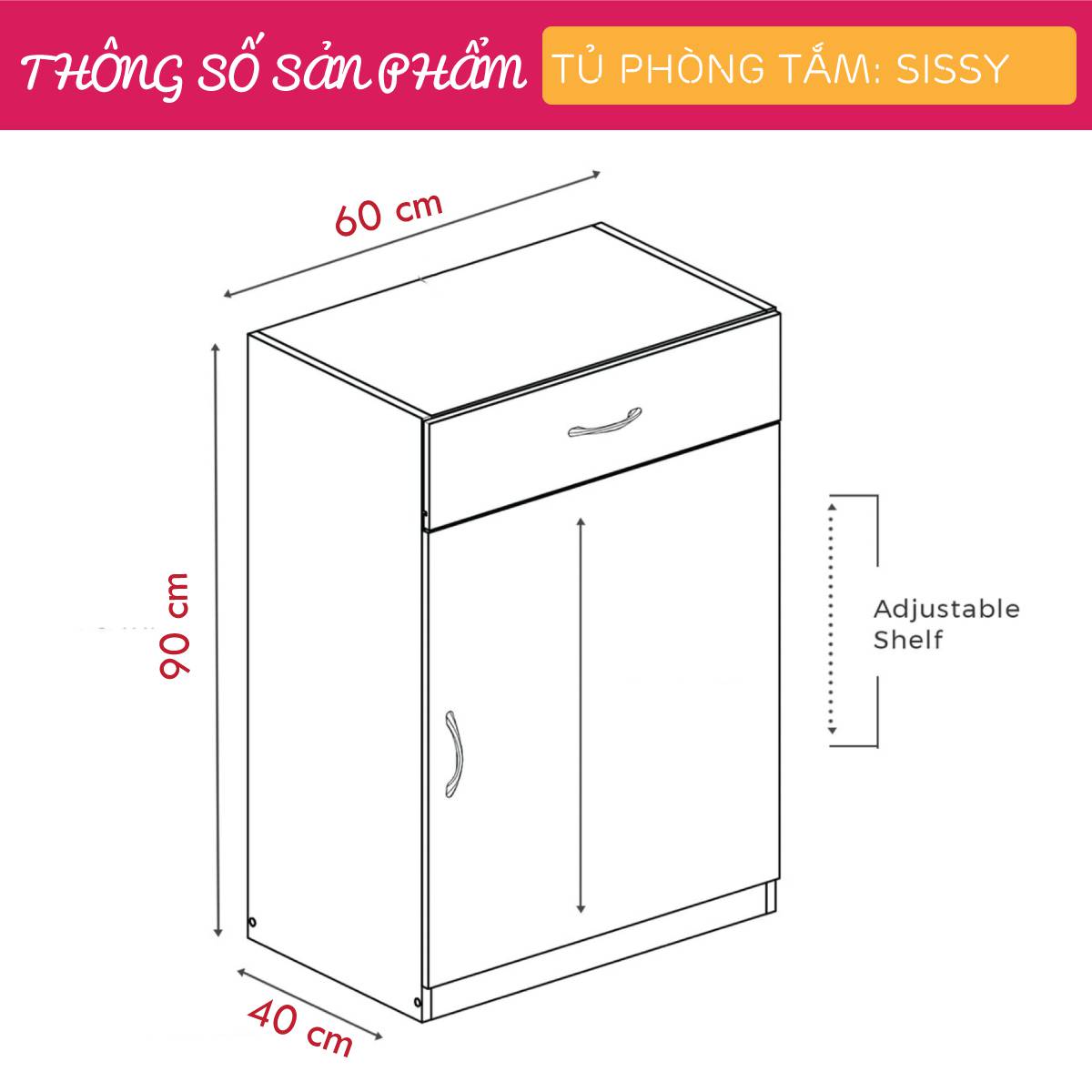 Tủ phòng tắm gỗ hiện đại SMLIFE Sissy | Gỗ MDF dày 17mm chống ẩm | D60xR40xC90cm