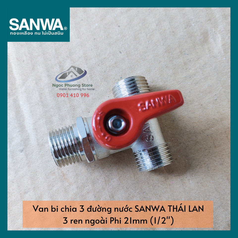 Van khóa nước bằng đồng chia 3 đường nước, 3 đầu ren ngoài SANWA THÁI LAN Phi 21mm (1/2") BV15MMM