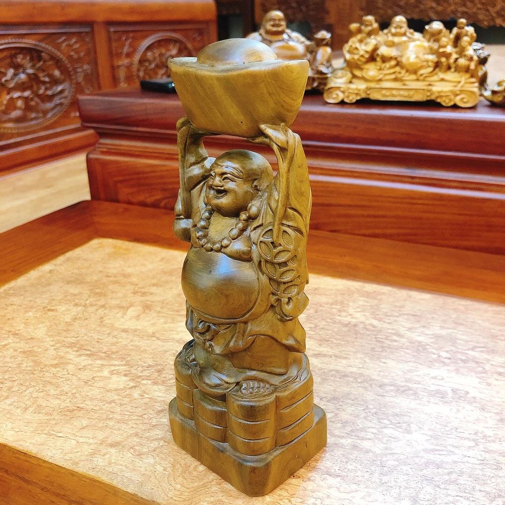 Tượng Phật Di Lặc Đứng Bê Thỏi Vàng Gỗ Bách Xanh Để Ô Tô , Bàn Làm Việc.