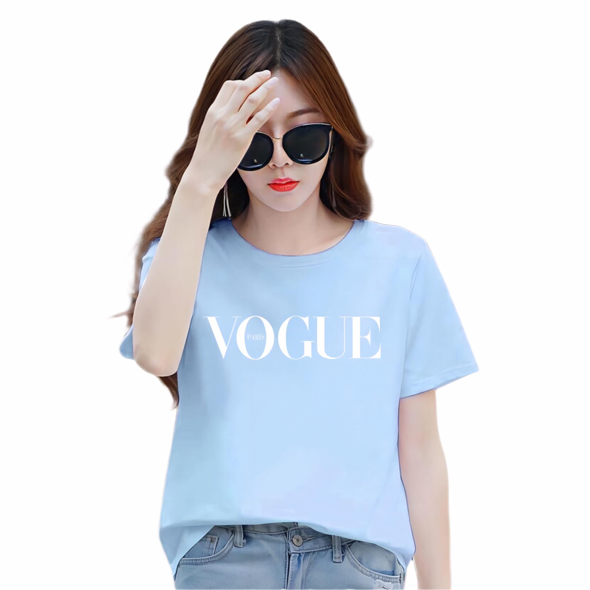 Áo thun nữ cổ tròn form rộng thun cotton 4 chiều phong cách Hàn Quốc in chữ Vogue ( ANU018 )