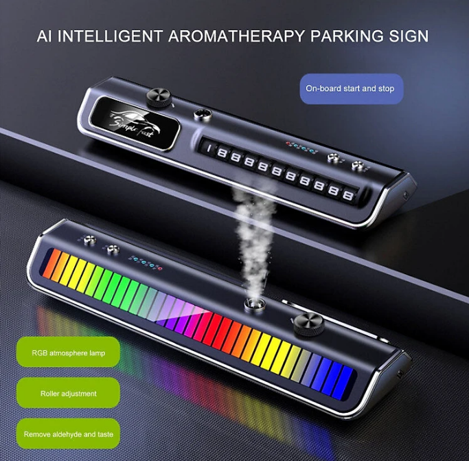 Cao cấp - Nước hoa ô tô NaNo kiêm Bảng ghi số đỗ xe Cảm biến nhấp nháy theo nhạc Led RGB, tặng kèm 2 chai tinh dầu