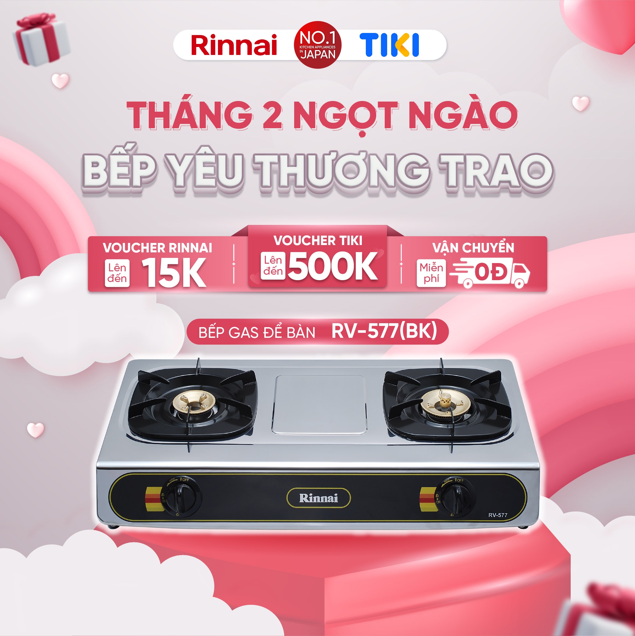 Bếp gas dương Rinnai RV-577(BK) mặt bếp inox và kiềng bếp men - Hàng chính hãng.