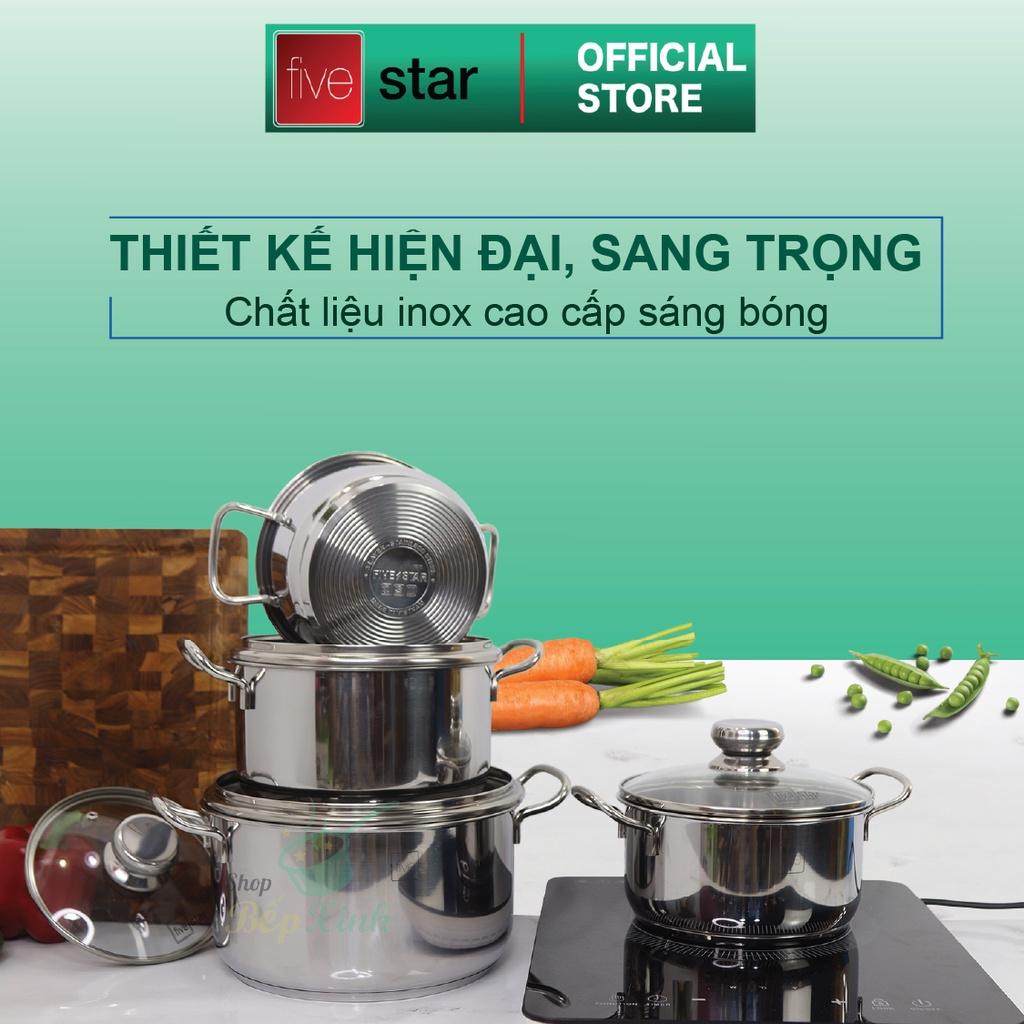 Bộ nồi xửng chảo 3 đáy inox 430 FiveStar Standard 6 món bếp từ nắp kính , tặng 1 vá canh