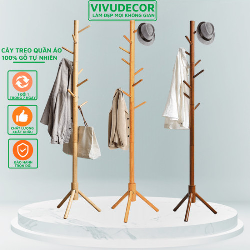 Cây treo quần áo VIVUDECOR CT08 100% gỗ tự nhiên 8 nhánh