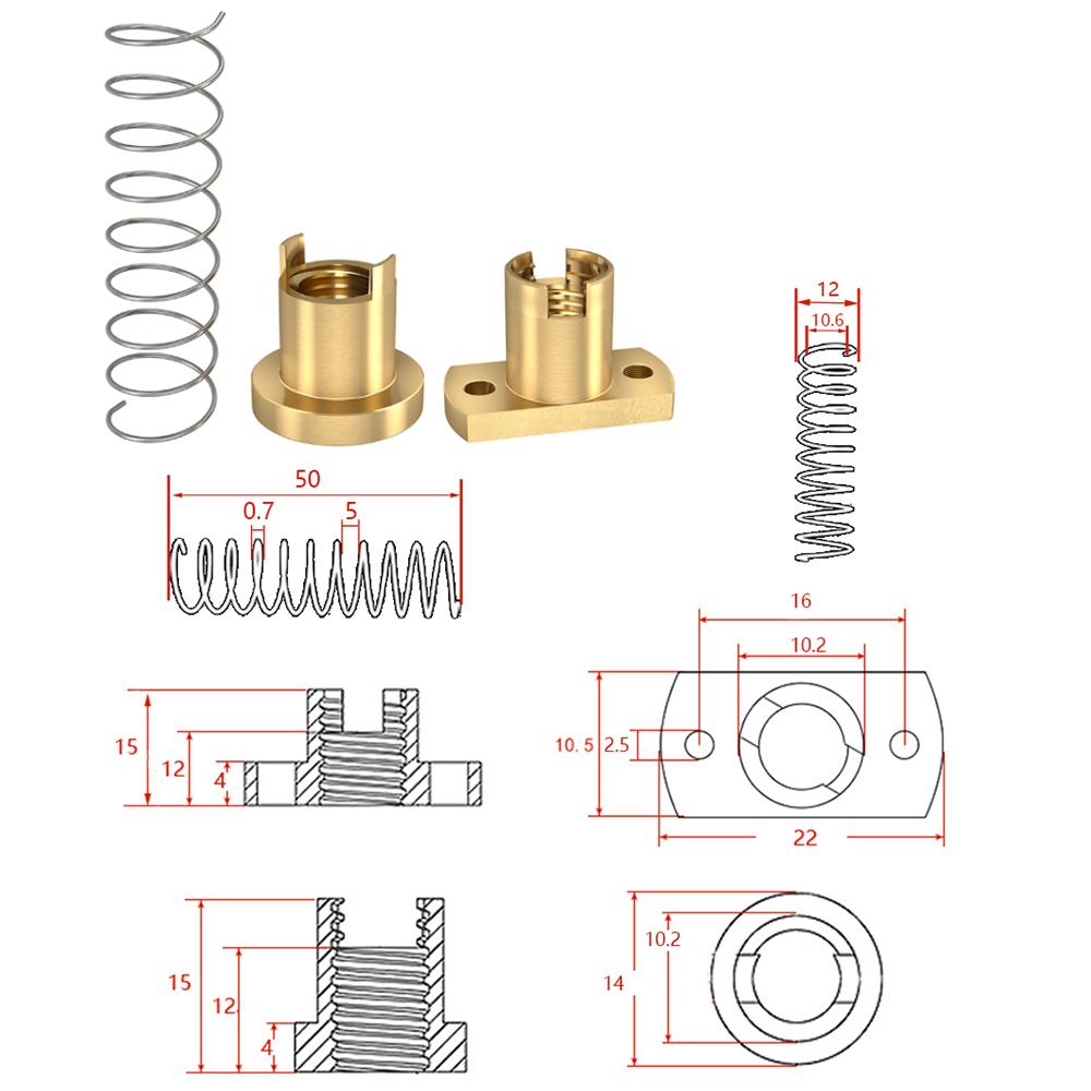KINGROON 2 Bộ T8 Đai ốc vít chì chống phản ứng dữ dội Đồng thau POM cho Ender 3 CR10 Phần máy in 3D T8 Đai ốc Lò xo chống phản ứng dữ dội Đai ốc lò xo