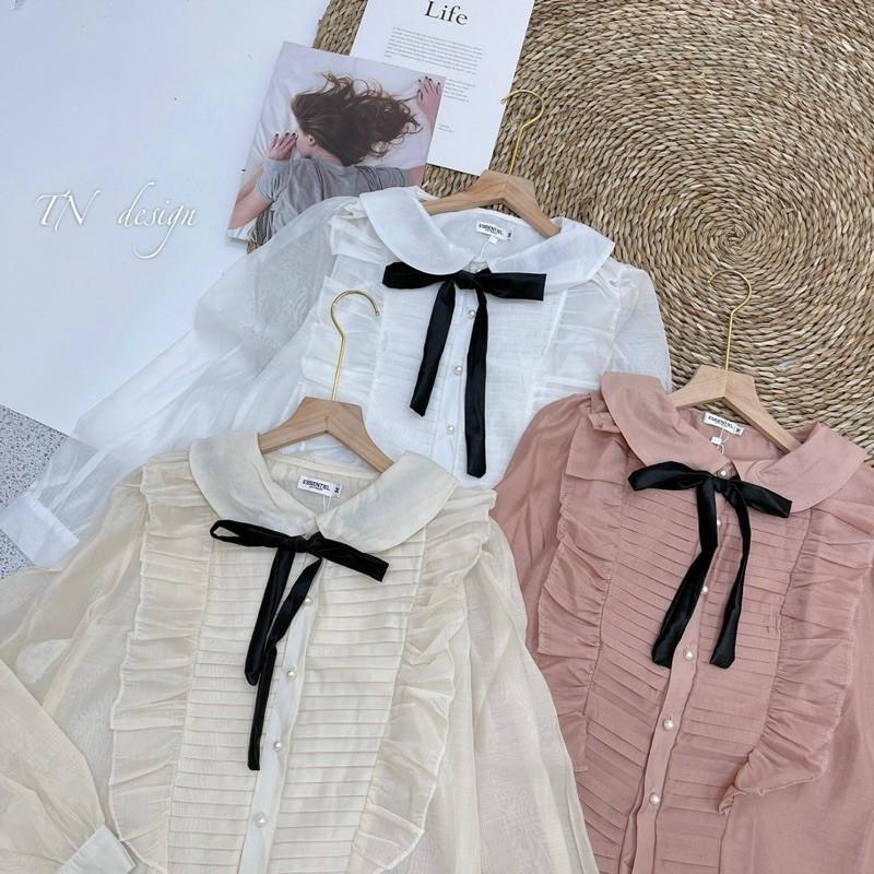 Áo sơmi tơ xếp ly viền bèo