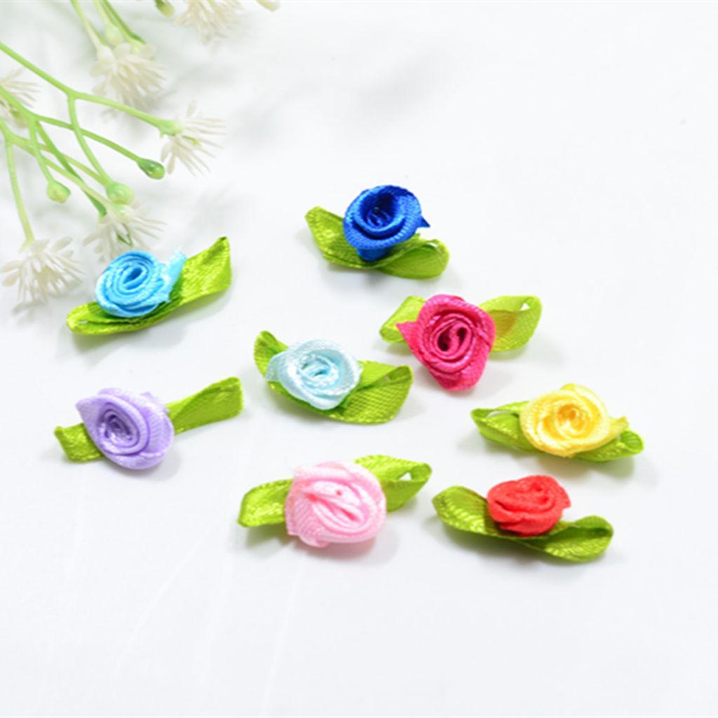 4-6pack 100 Pieces Mini Satin Ribbon Flowers Rose Leaf Decoration Craft DIY
