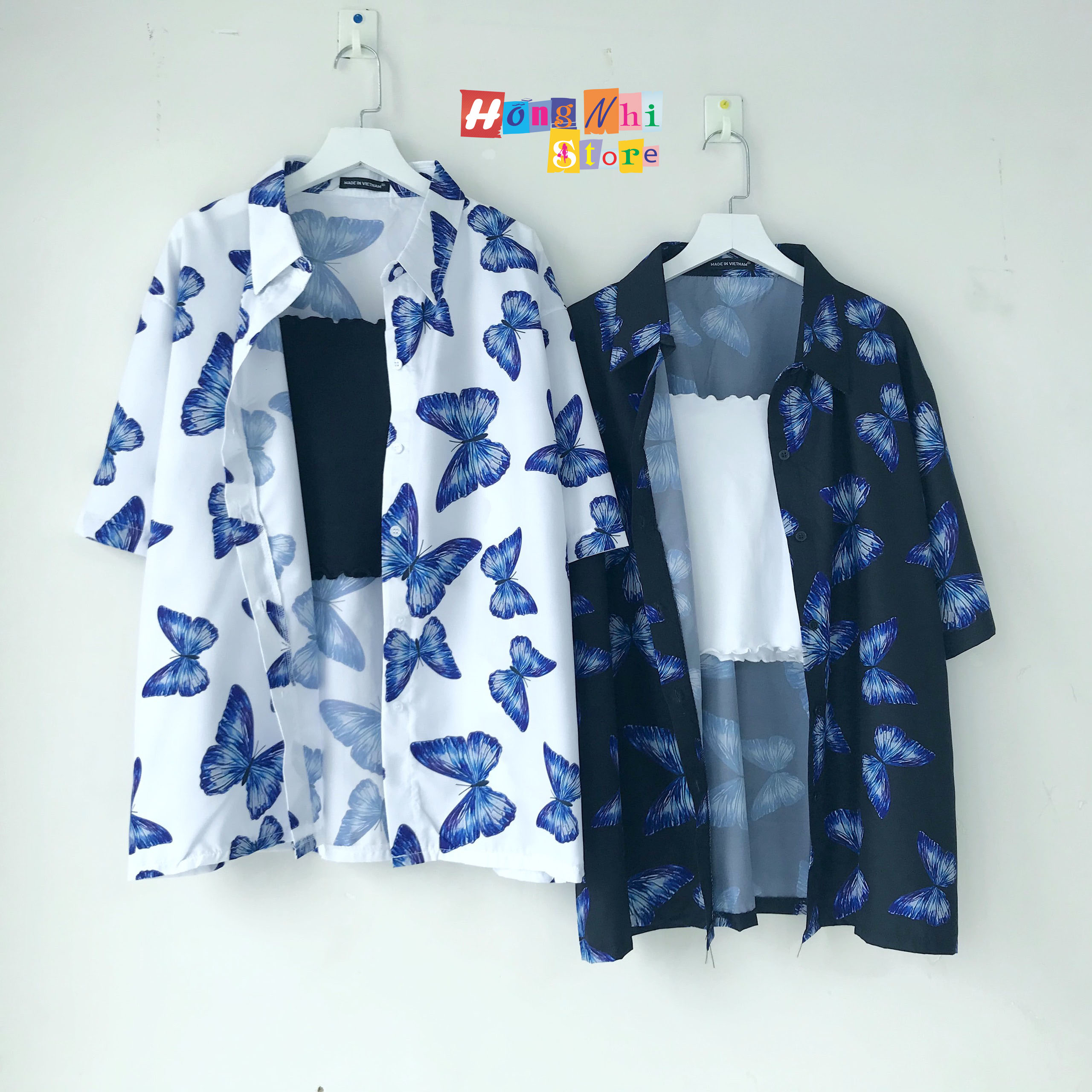 Áo sơ mi hoạ tiết tay lỡ dáng rộng,sơ mi bướm đen tay lửng unisex - mm