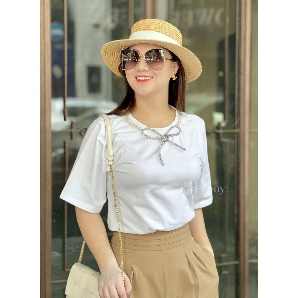 Áo thun trắng kiểu đính nơ phụ kiện cao cấp, nữ tính, trendy, dáng rộng - Peony