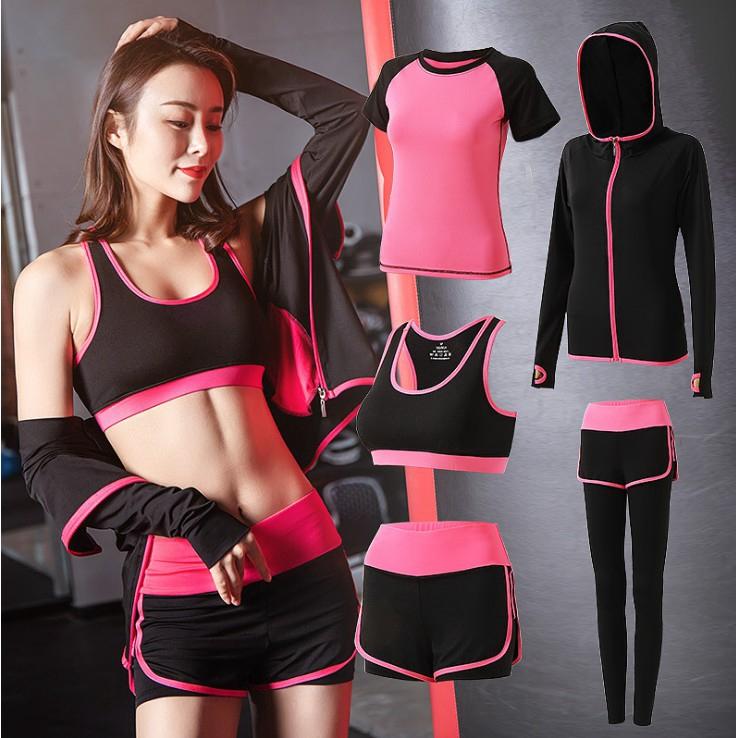 Bộ quần đùi + áo ngực + áo thun + quần lửng + áo khoác thể thao dành cho nữ