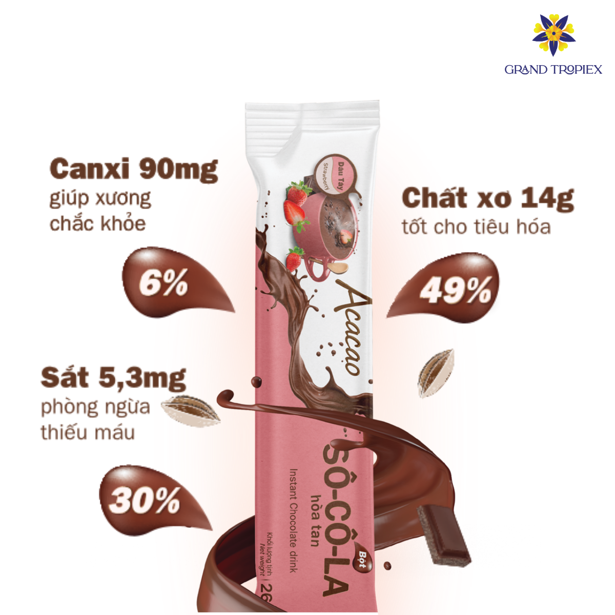 Bột socola Acacao hòa tan uống liền rất tiện lợi, giúp nạp năng lượng nhanh chóng - Hộp 286g