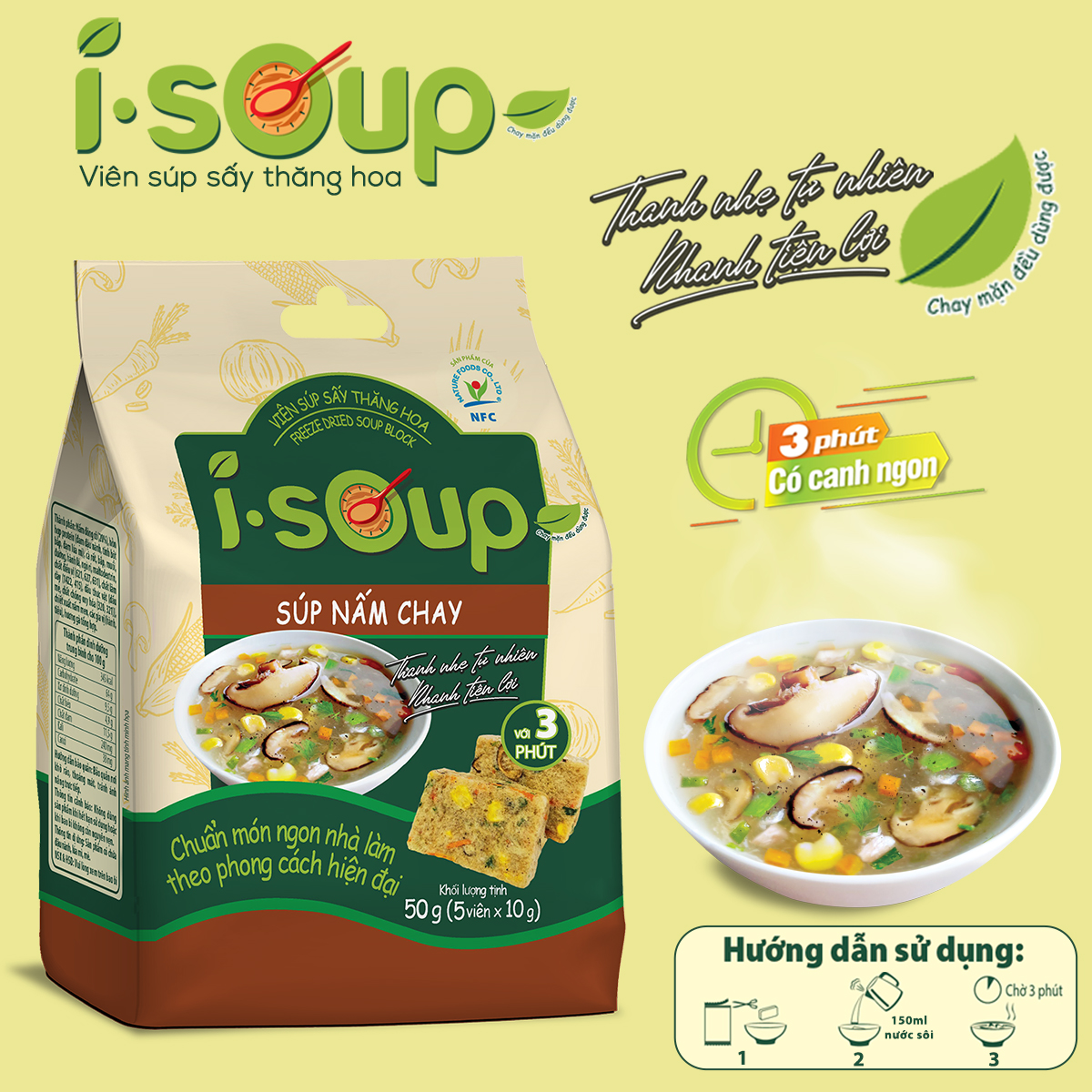 Súp Nấm Chay I-Soup 50g (túi 05 viên)- Viên Súp Chay Sấy Thăng Hoa