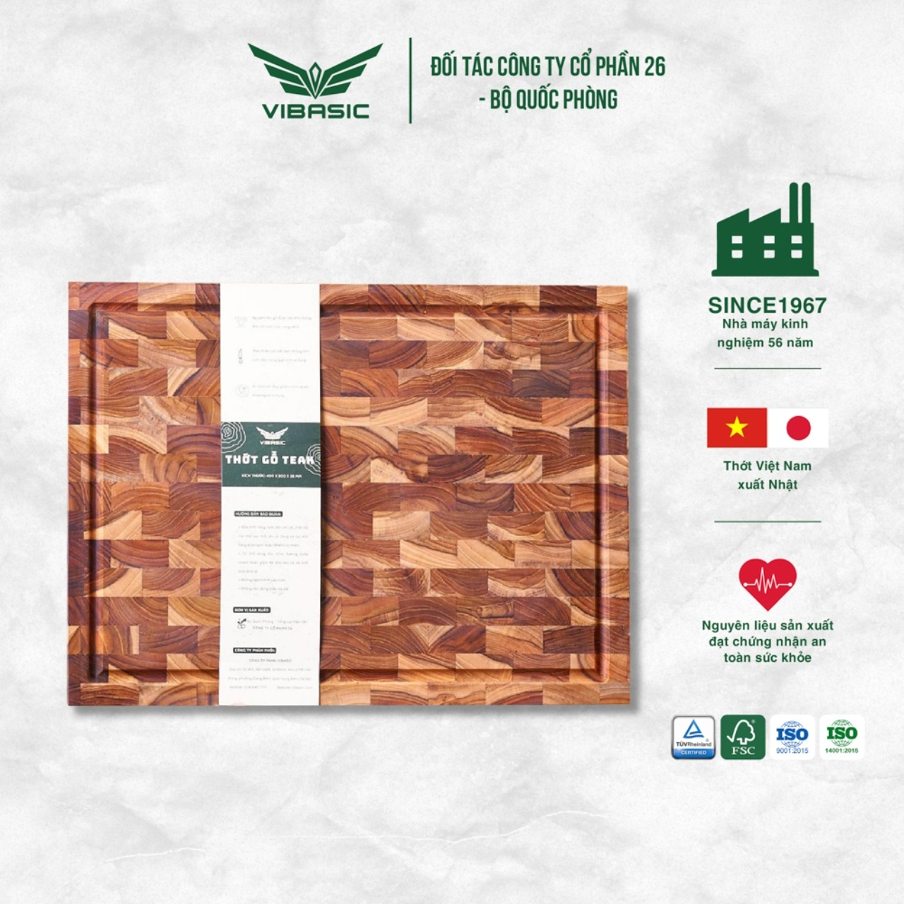Thớt gỗ Teak Vibasic ghép dựng block kích thước 400x300x38mm, dùng để chặt - Hàng chính hãng Bộ Quốc Phòng