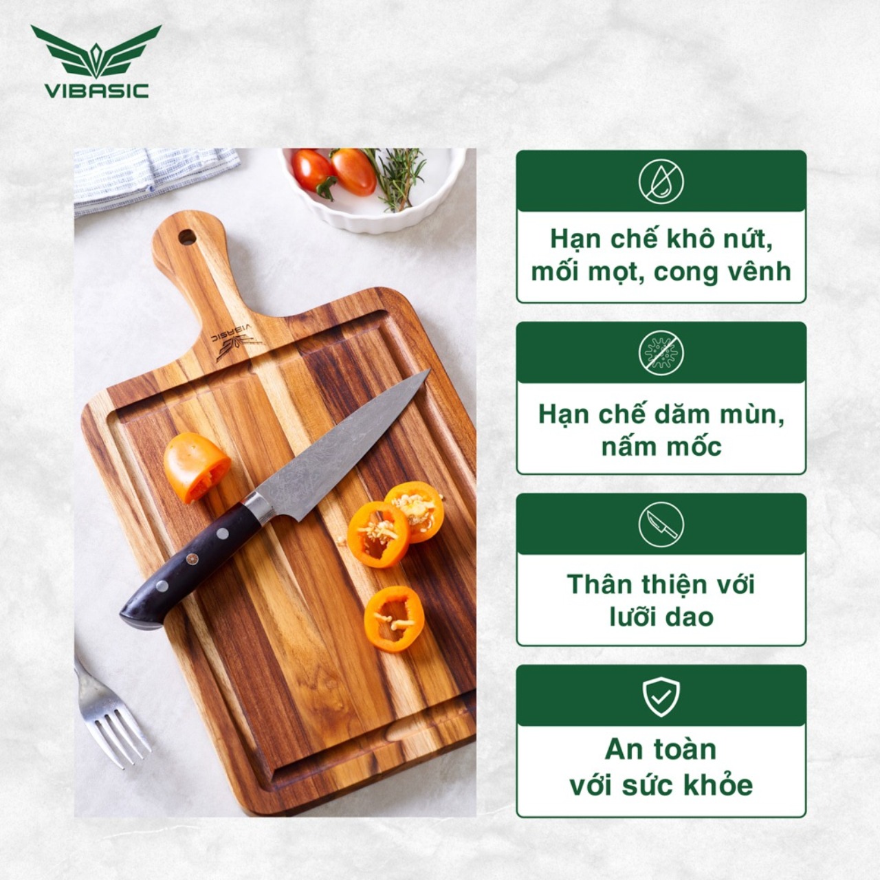 Thớt gỗ Teak Vibasic ghép ngang solid có tay cầm kích thước 300x220x18cm - Hàng chính hãng Bộ Quốc Phòng