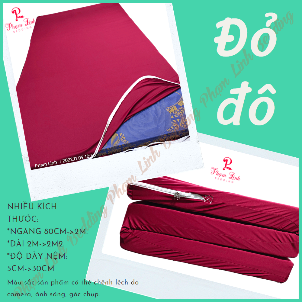 [Đỏ đô] Áo bọc nệm 2 mặt dây kéo vải thun sợi siu (silk) màu trơn Hàn Quốc vỏ bọc bảo vệ nệm co dãn  [Size từ 0,8m->2m2] [Độ dày: 5->30cm]