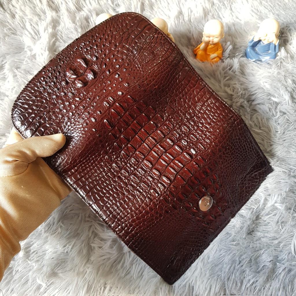 Ví Cầm Tay Cá Sấu Nữ | Ví Clutch Da Cá Sấu Gù Nhỏ | Màu Nâu Cafe | Bảo Hành 24 Tháng.
