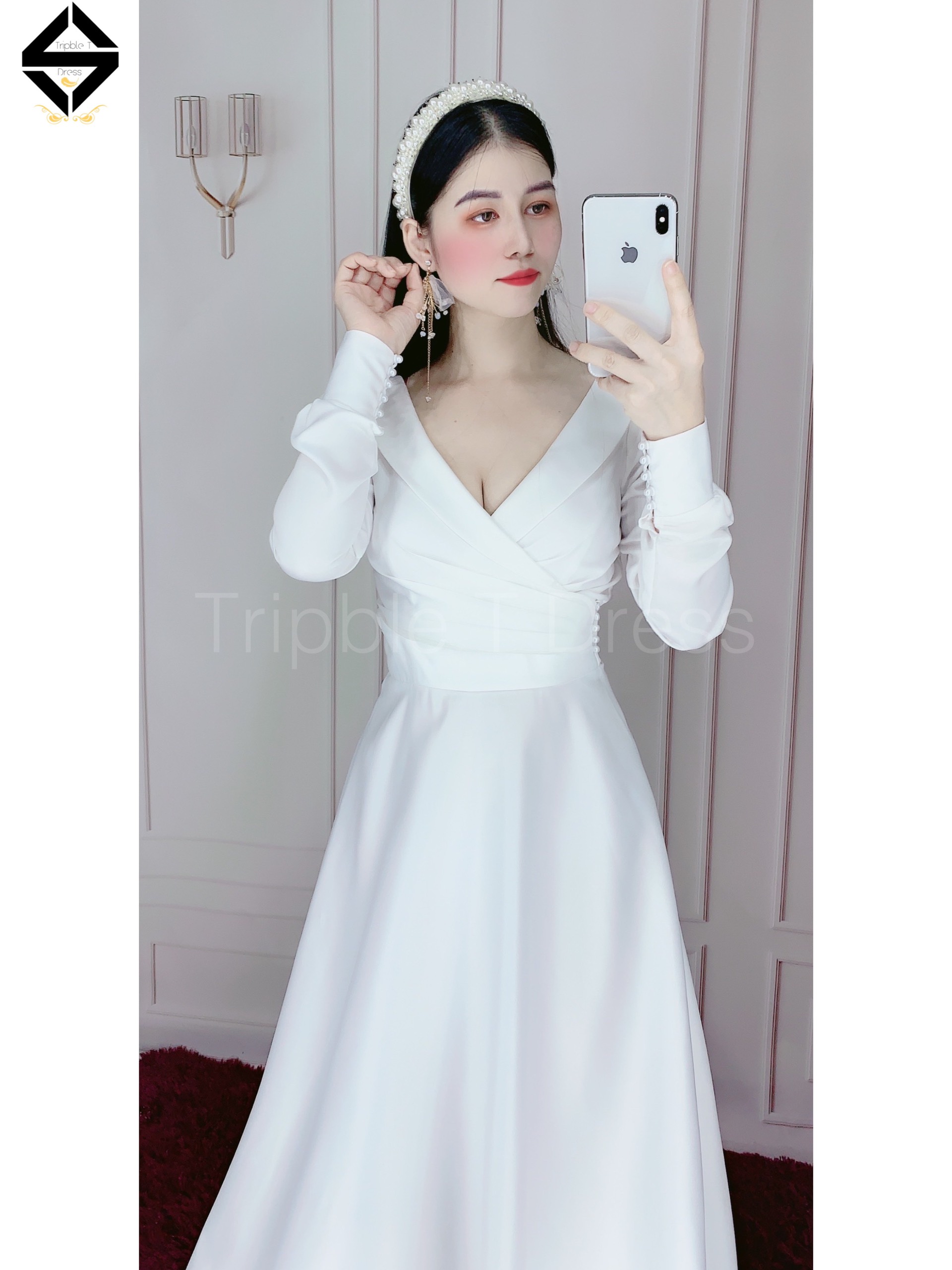 Đầm maxi mặc cưới tay dài hở lưng dây cườm TRIPBLE T DRESS -size S/M/L - MS160Y