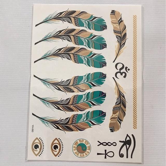 Hình xăm dán ánh kim lông vũ gold vàng 15x21cm- mua 3t giảm giá và tặng 10x20cm