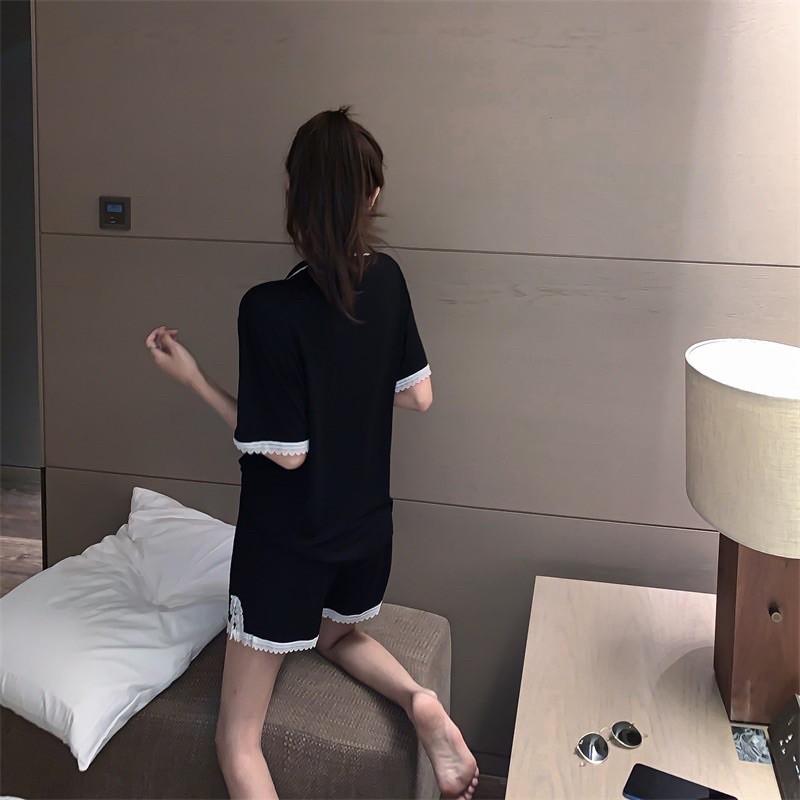 Bộ ngủ pijama nữ ngắn tay viền ren tiểu thư