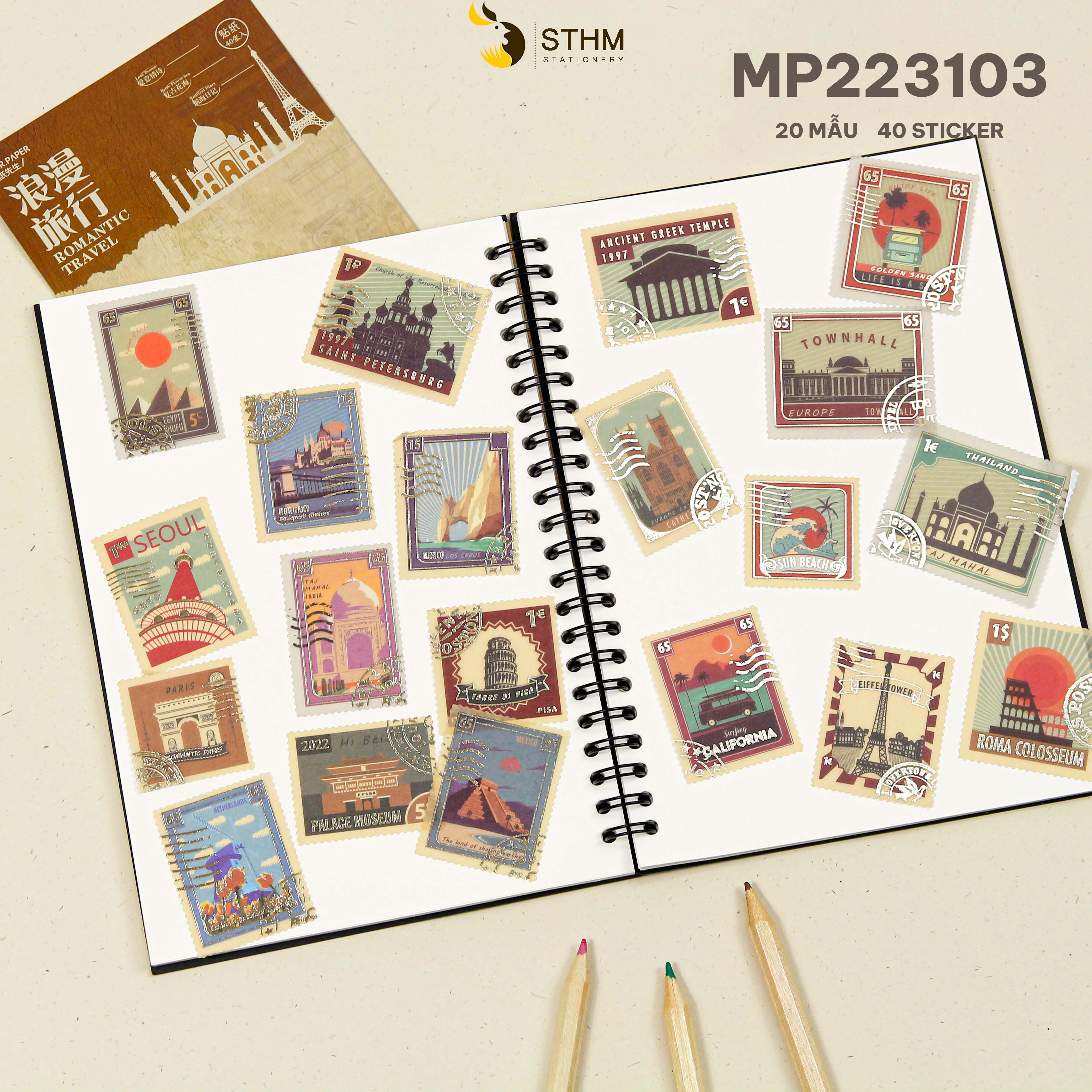 Sticker xấp 40 tờ - 20 mẫu có ánh kim - Phụ kiện trang trí sổ tay vintage - STHM stationery