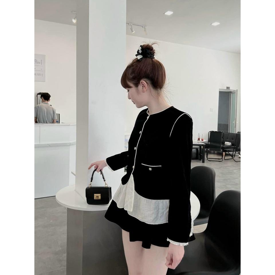 Sét áo viền tay dài cài nút phối bèo voan kèm chân váy xoè