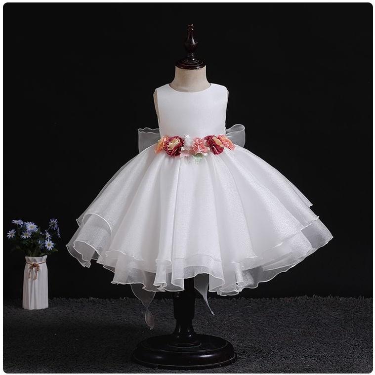 Đầm voan công chúa cho bé gái màu trắng hồng đính hoa mặc tết sinh nhật noel dự tiệc cưới hàng Quảng Châu cao cấp